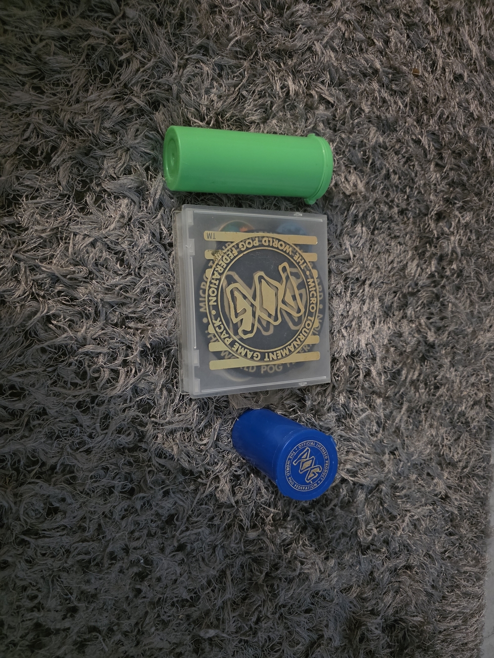Vintage POG Game Tins with Green and Blue Canisters
